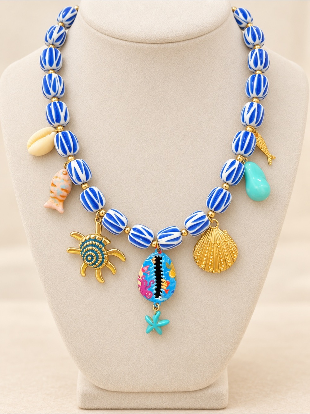 Beach Charm Blue & Gold Statement Necklace